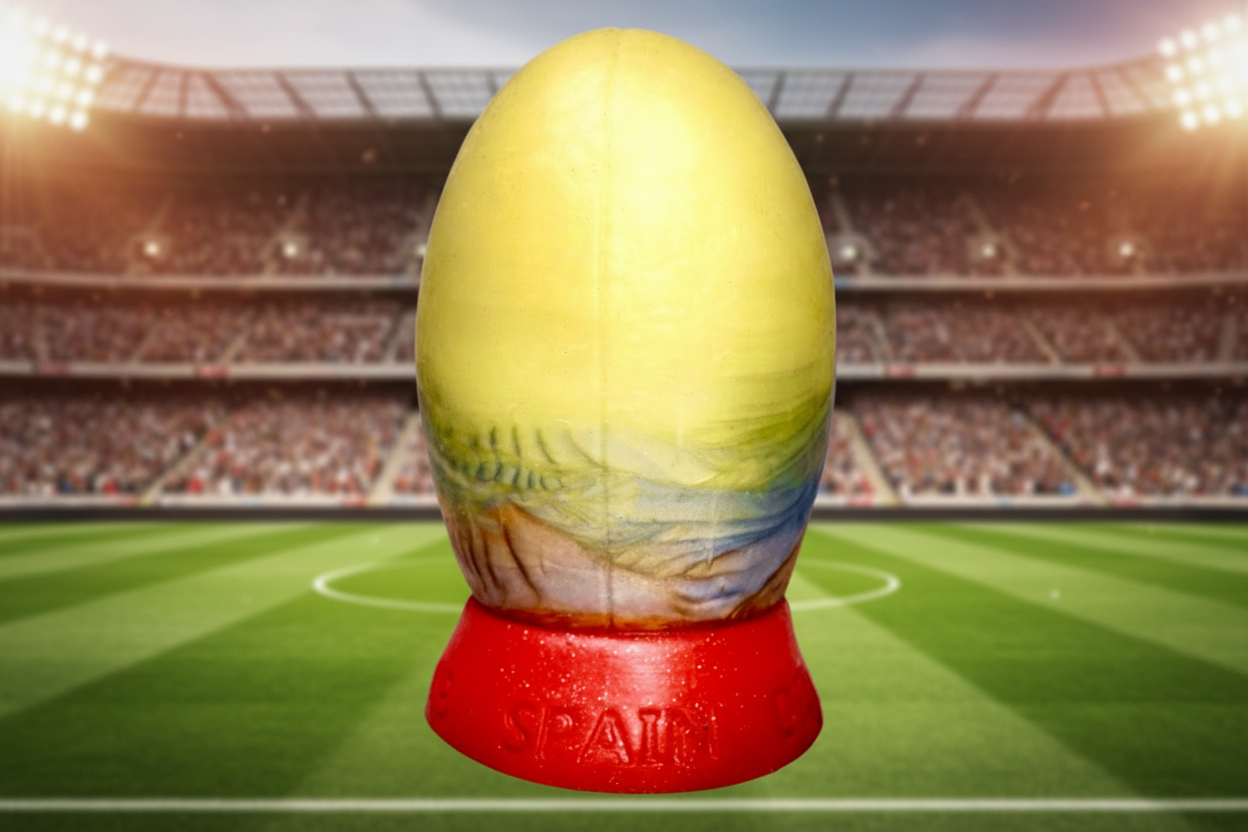 The Heavy Trundle Rugby Ball - Size Medium, Gold, Silver and Bronze, with a red base.