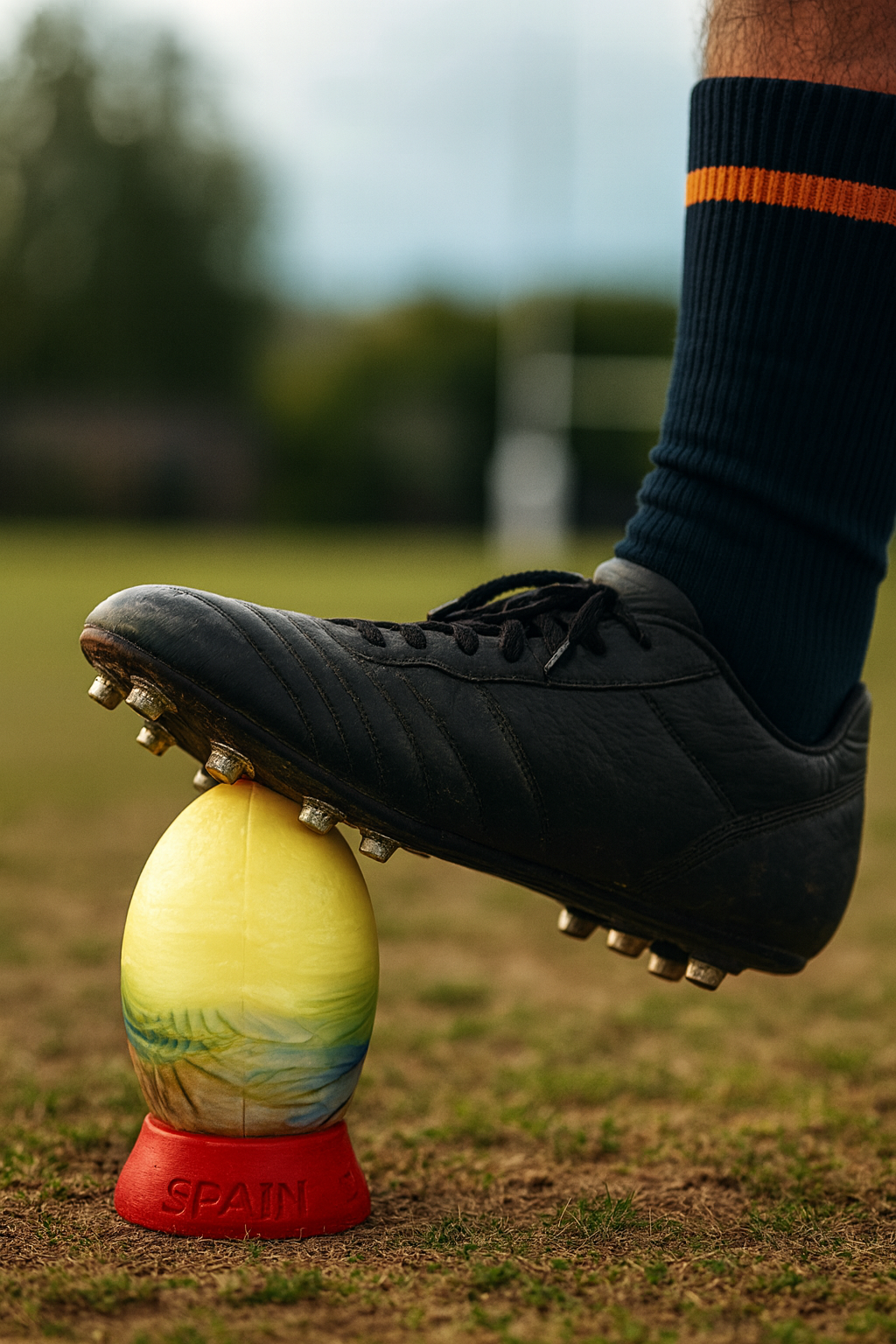 The Heavy Trundle Rugby Ball - Size Medium, Gold, Silver and Bronze, with a red base.