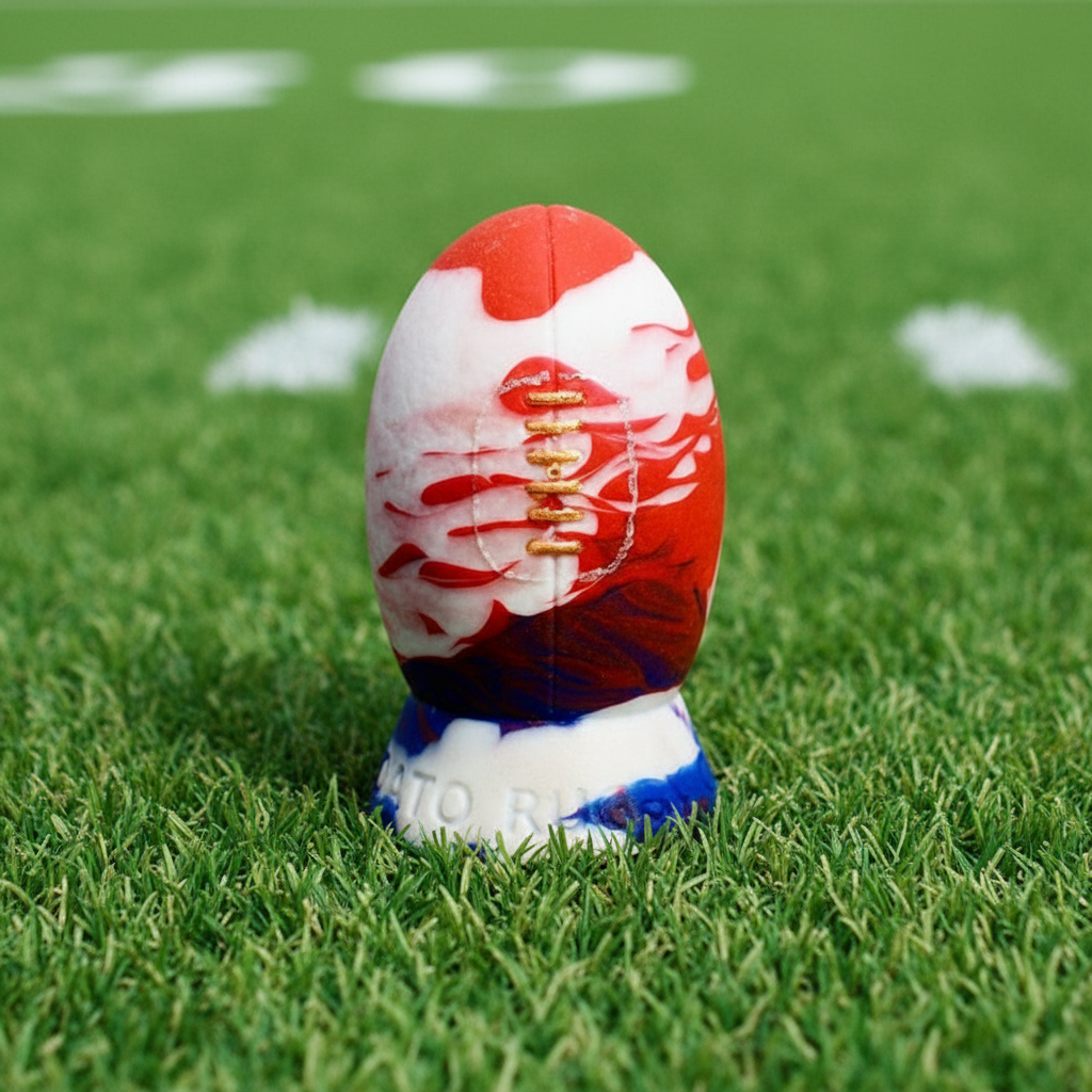 The Heavy Trundle Rugby Ball - Size small, Blue, red and white.